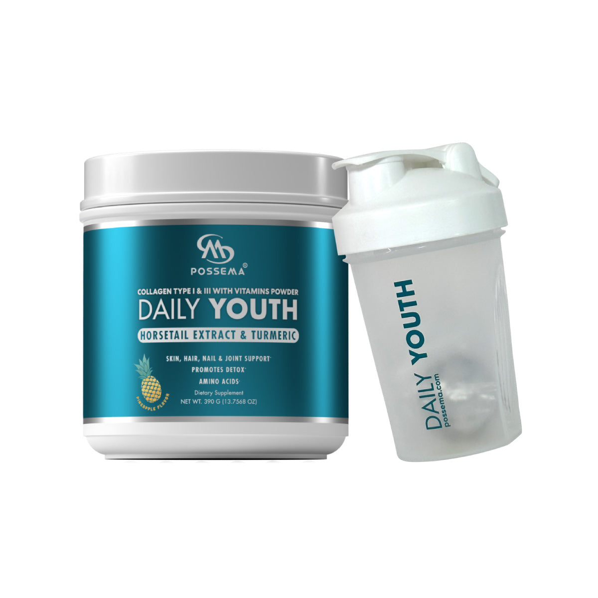 COMBO DAILY YOUTH COLLAGEN POWDER WITH HORSETAIL PLANT EXTRACT & TURMERIC + SHAKER BOTTLE
